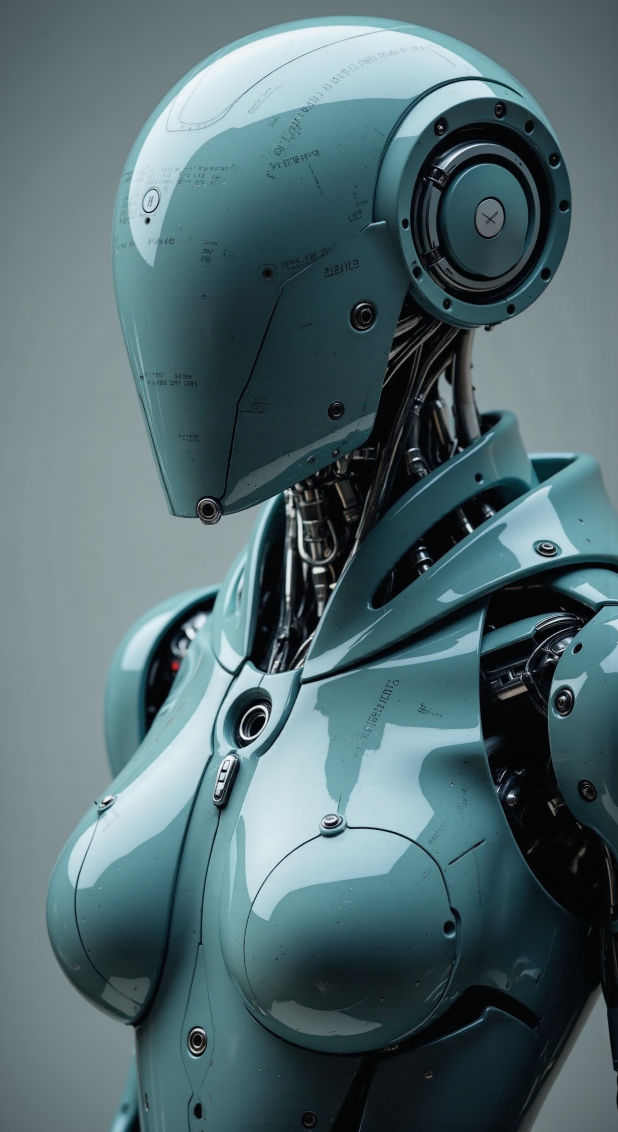 FeMale Mecha robot in cinematic photography. Close up detail,  neo mechanic cyberpunk robot,  morse code text in bodywork...