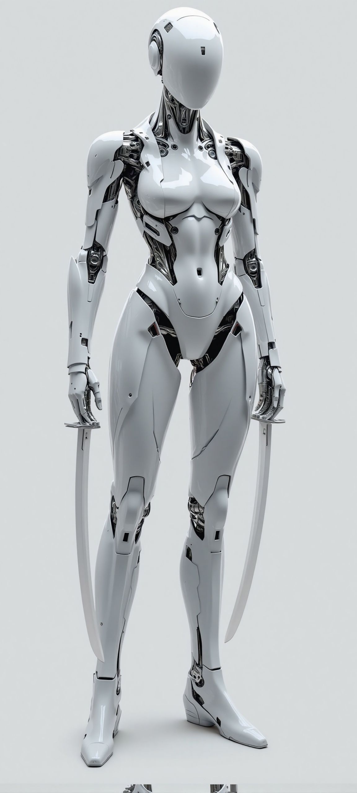 Create a futuristic robotic warrior wearing highly detailed white and metallic armor with sleek,  angular shapes. The armo...