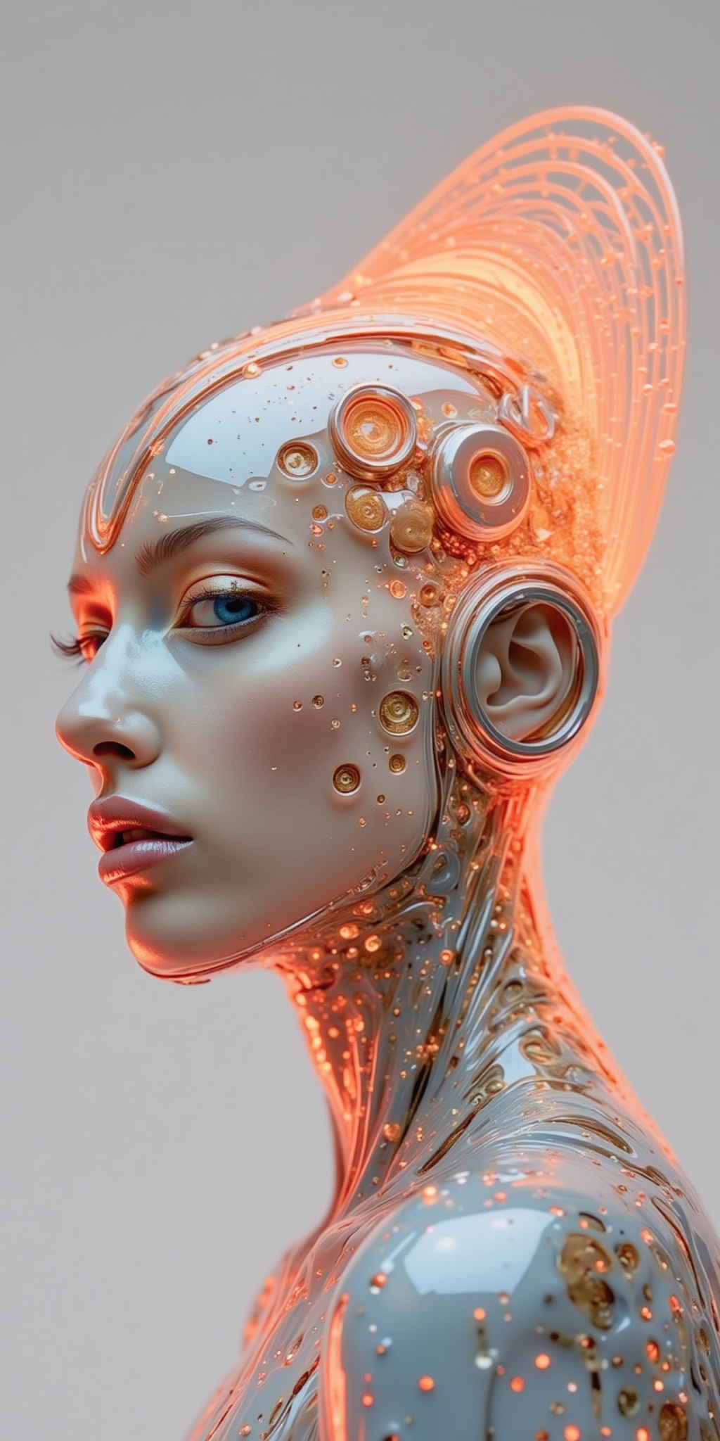 A futuristic digital illustration featuring a woman with a sleek silver metallic headpiece that blends into her face givin...