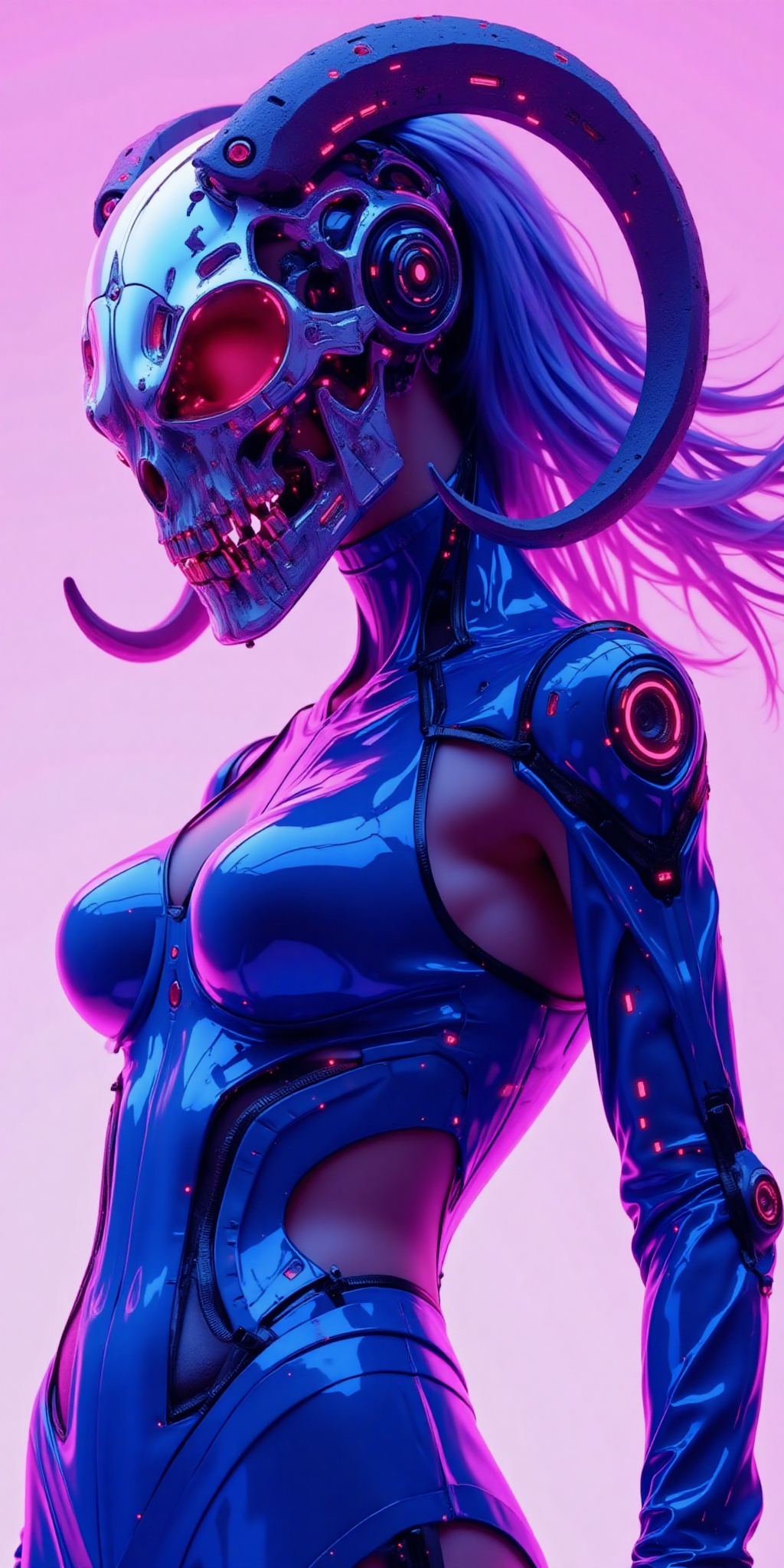 A sexy alien woman,  futuristic cyberpunk-style digital illustration of a woman with a sleek metallic mask resembling a ra...