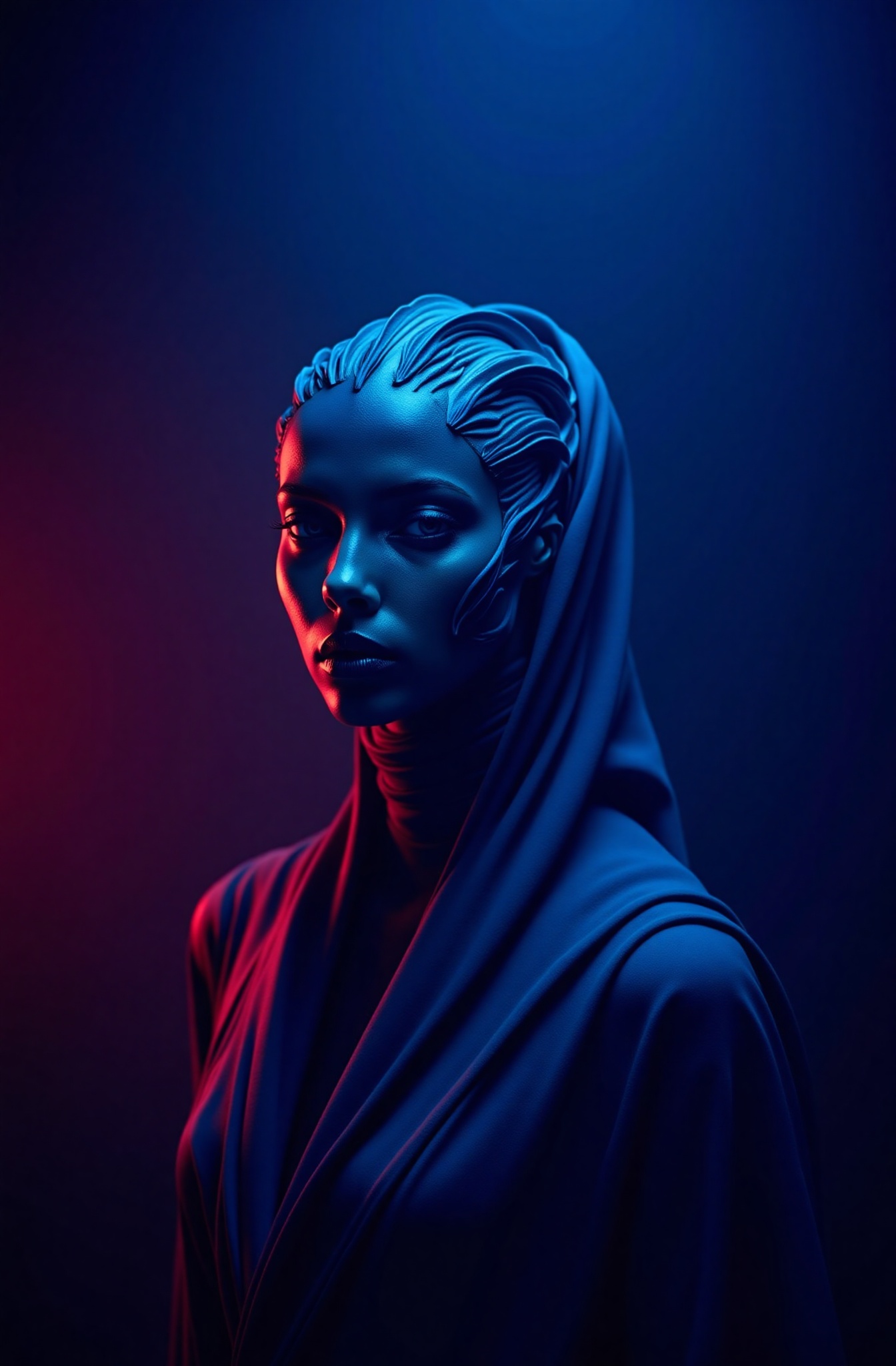 A alien woman,  The lighting is blue and red dramatic,  with a spotlight on the model. The image is professionally color-g...