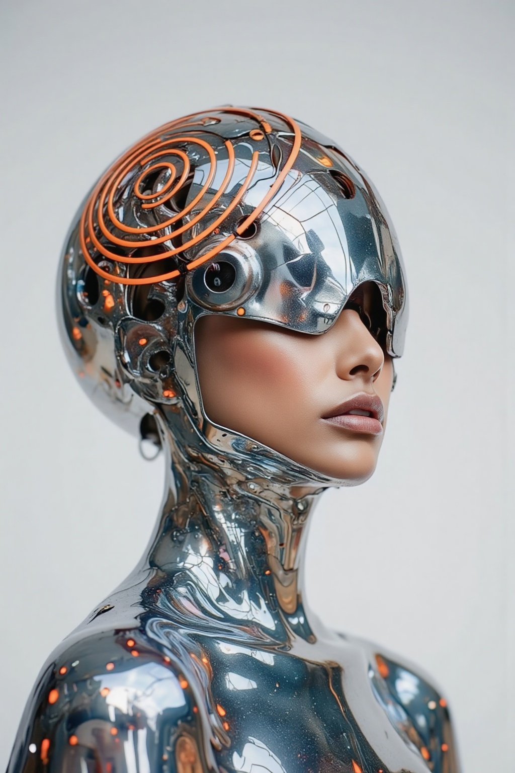 A futuristic digital illustration featuring a woman with a sleek silver metallic headpiece that blends into her face givin...