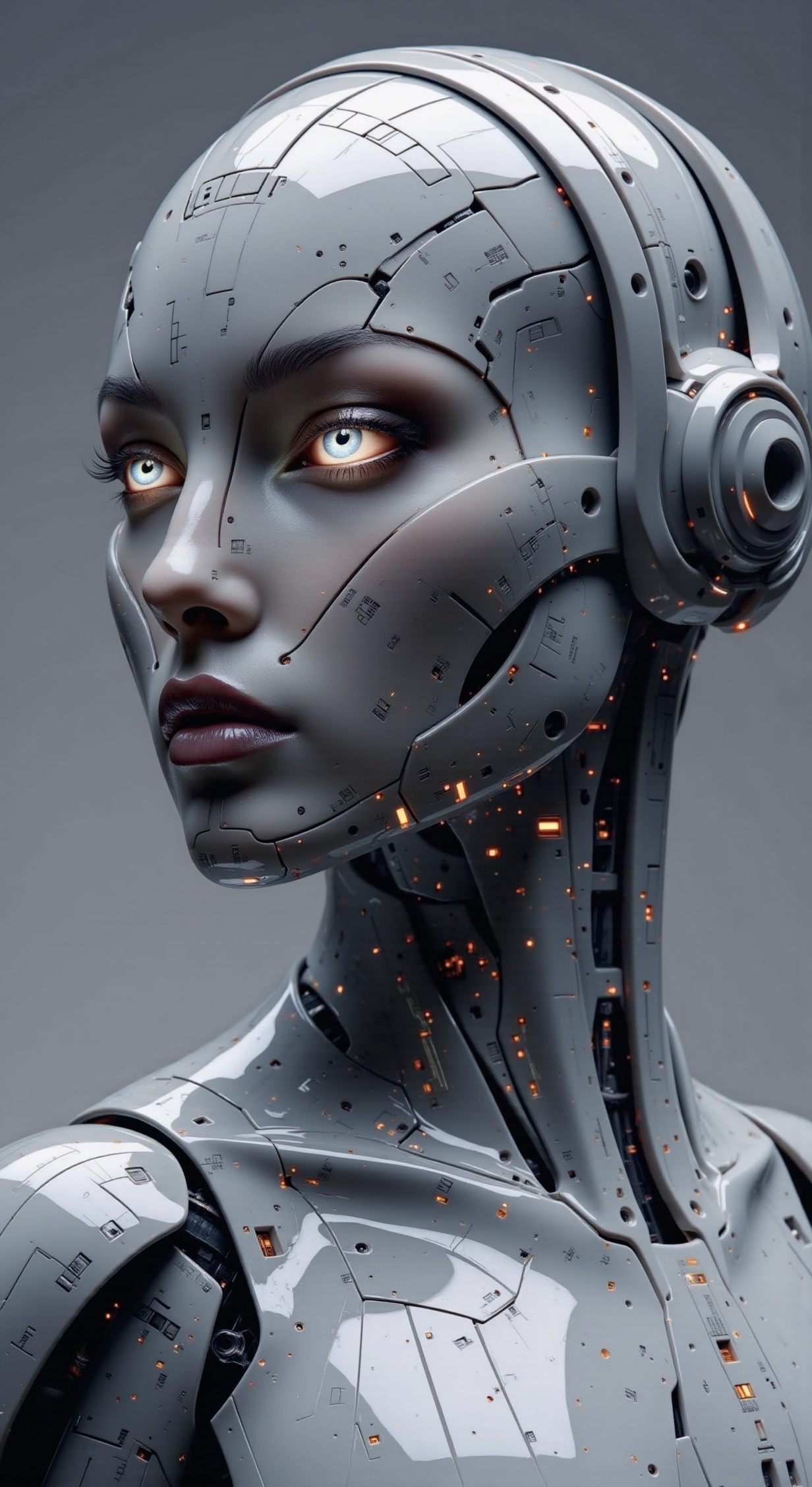 FeMale Mecha robot in cinematic photography. Close up detail,  neo mechanic cyberpunk robot,  morse code text in bodywork...