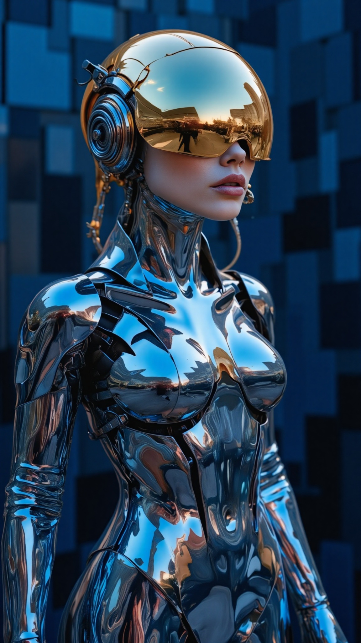 Photograph of a futuristic robotic woman with a metallic shiny silver body. She has a helmet with a reflective golden viso...
