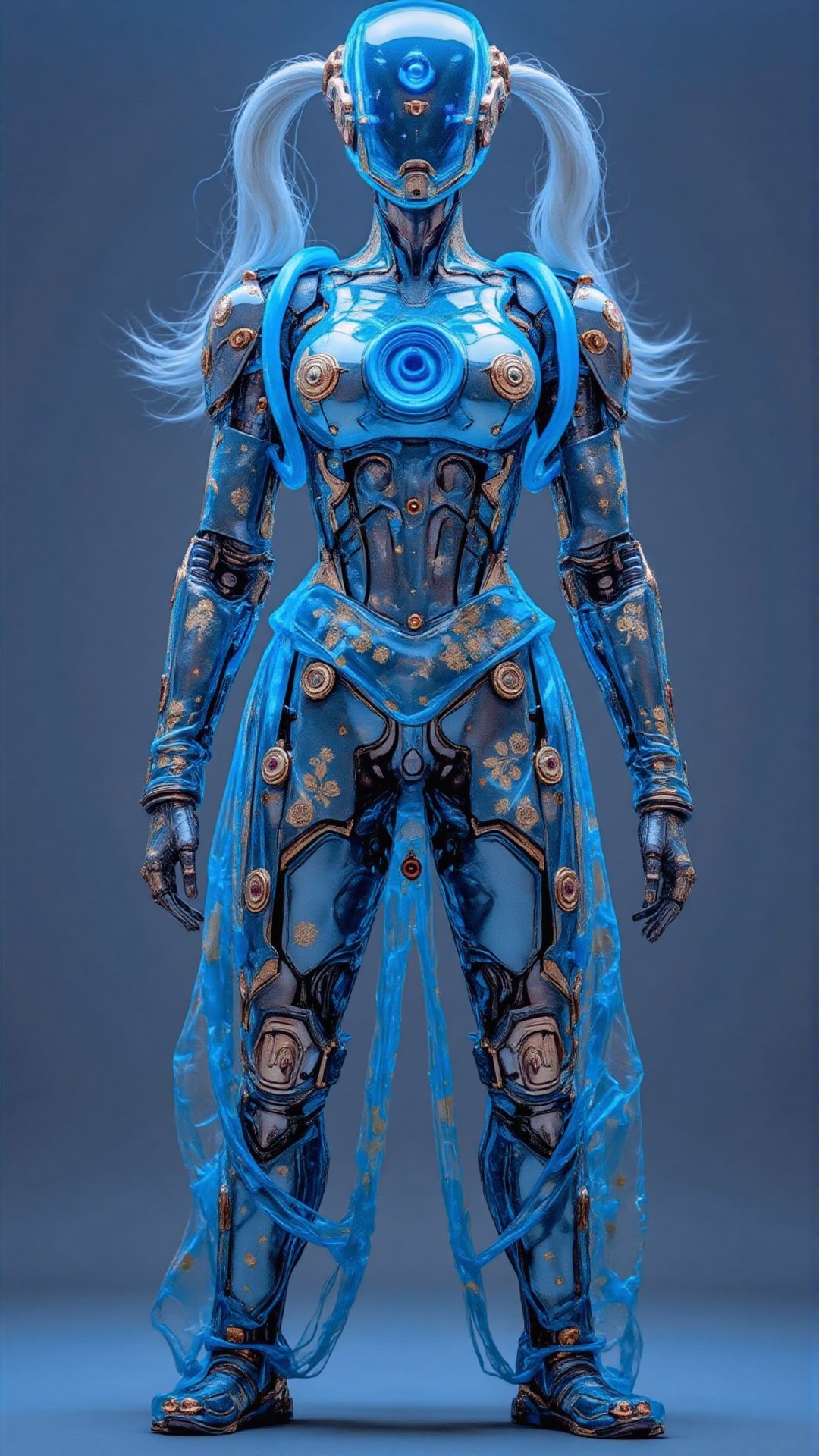 A surreal 8K UHD digital artwork of an Indian robot girl,  dressed in a highly detailed traditional Kerala pattu pavadai—a...