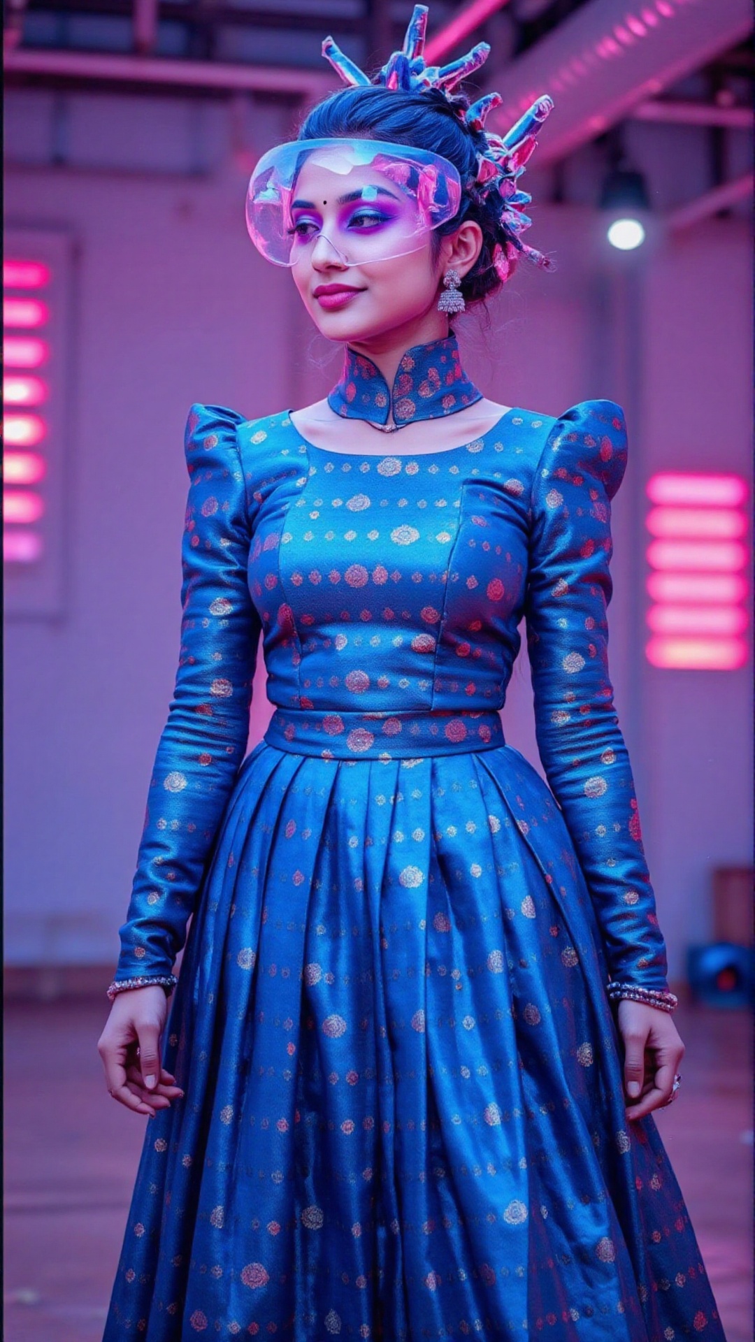 A futuristic cybernetic woman wearing an exquisite Pattu Pavadai,  designed in a high-tech aesthetic. The fabric of the Pa...