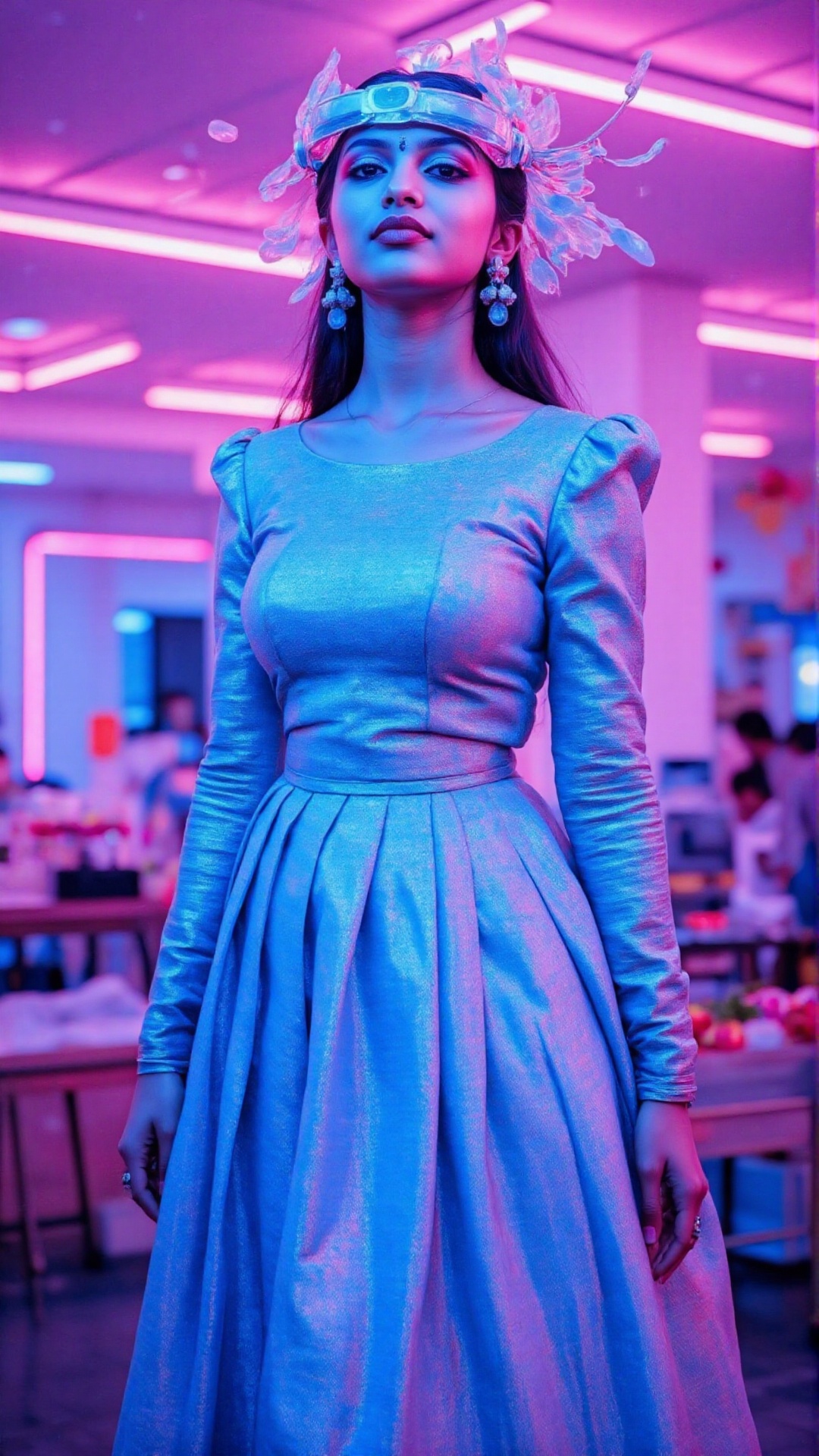 A futuristic cybernetic woman wearing an exquisite Pattu Pavadai,  designed in a high-tech aesthetic. The fabric of the Pa...