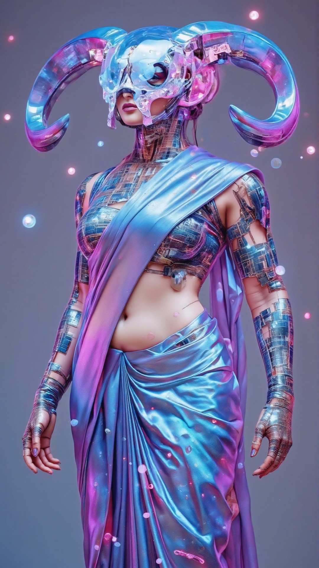 A futuristic cybernetic woman adorned in a translucent,  biomechanical helmet with a fusion of organic and synthetic eleme...