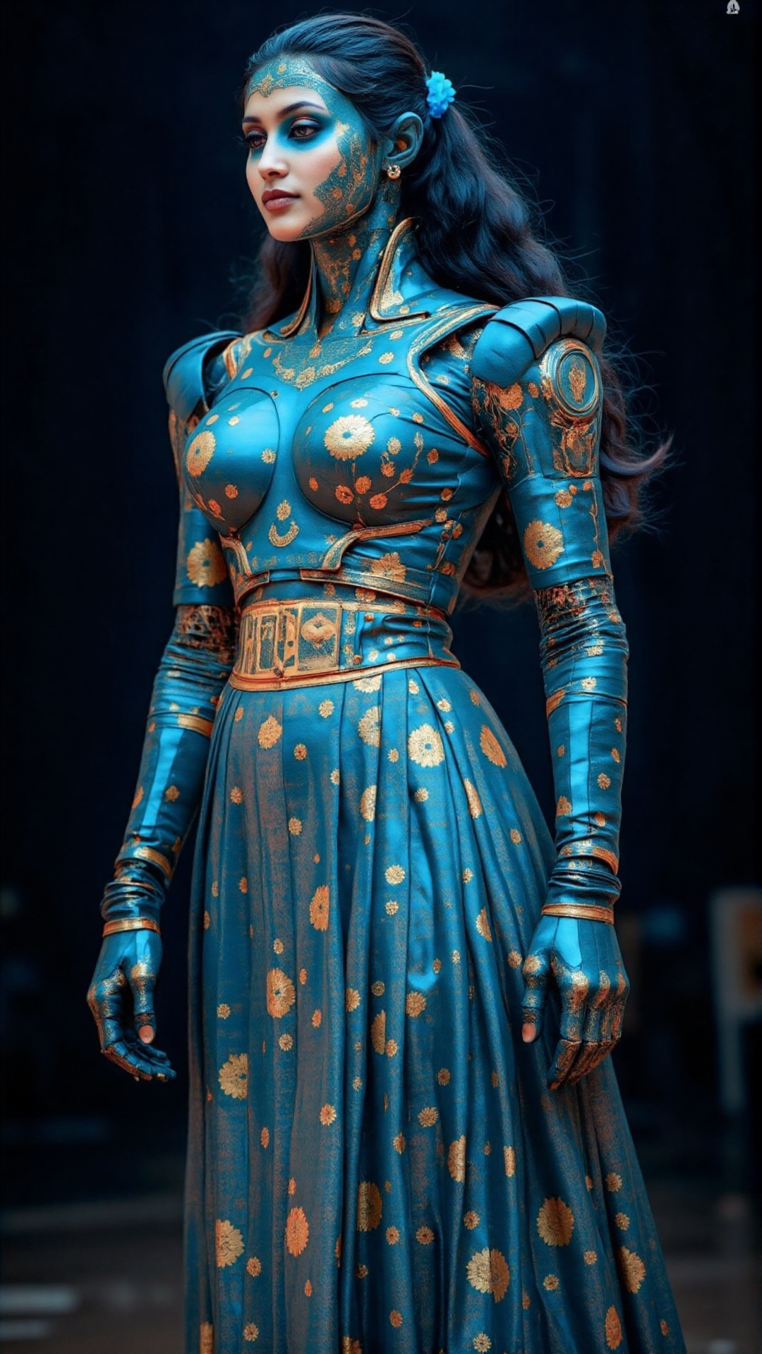 A surreal 8K UHD digital artwork of an Indian robot girl,  dressed in a highly detailed traditional Kerala pattu pavadai—a...