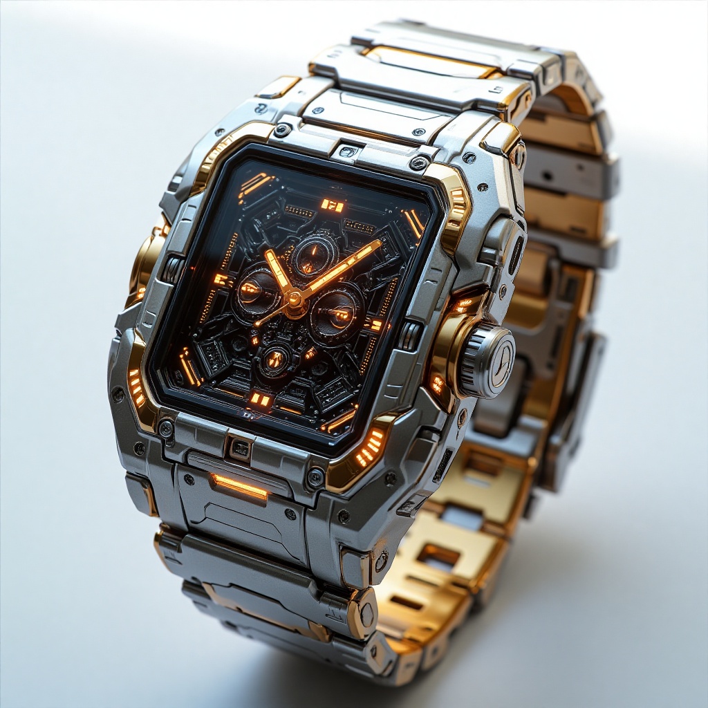 Futuristic high-tech wristwatch with a rugged metallic design,  combining silver and gold tones. The watch face features a...