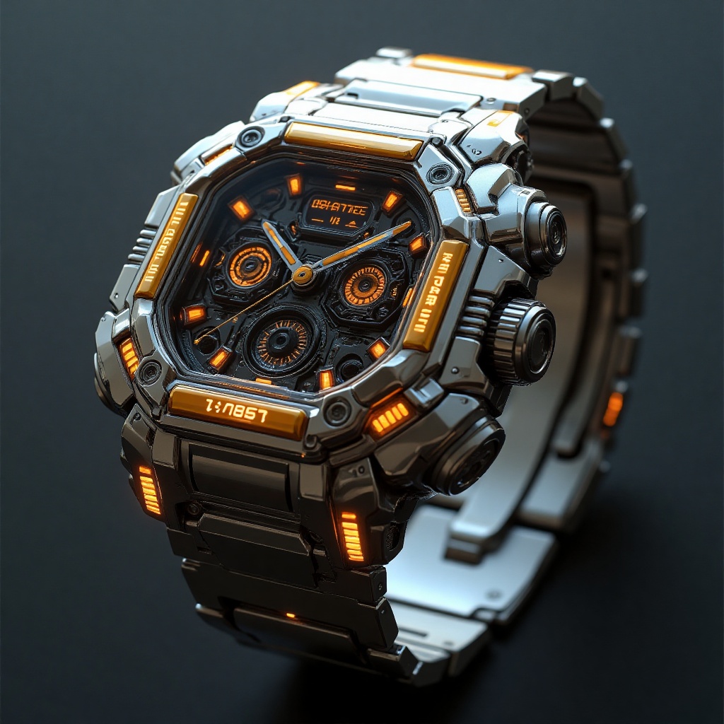 Futuristic high-tech wristwatch with a rugged metallic design,  combining silver and gold tones. The watch face features a...
