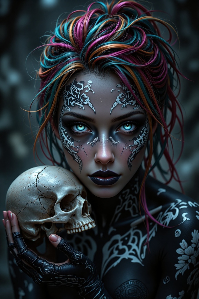 Close-up of a Slavic female cyborg with multi-colored hair and dark body art,  holding a skull. Intricate white patterns a...