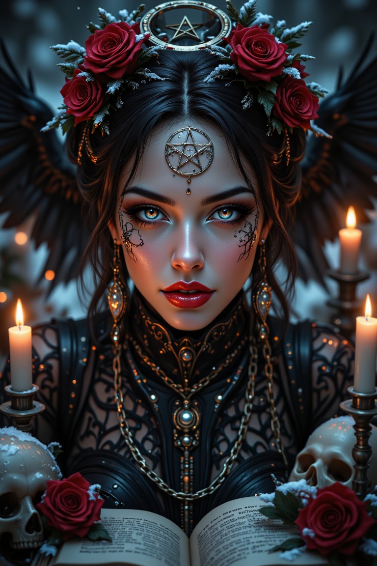 Close-up of a Slavic cyborg femme fatale,  cybernetic enhancements gleaming under candlelight. She smirks seductively,  fr...