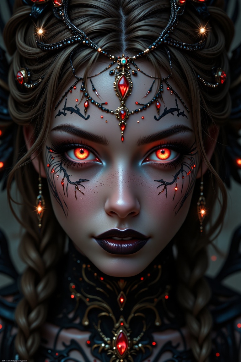 A dark angel with red glowing eyes,  vampire smile,  intricate braided hair adorned with jewels on Tensor.Art
