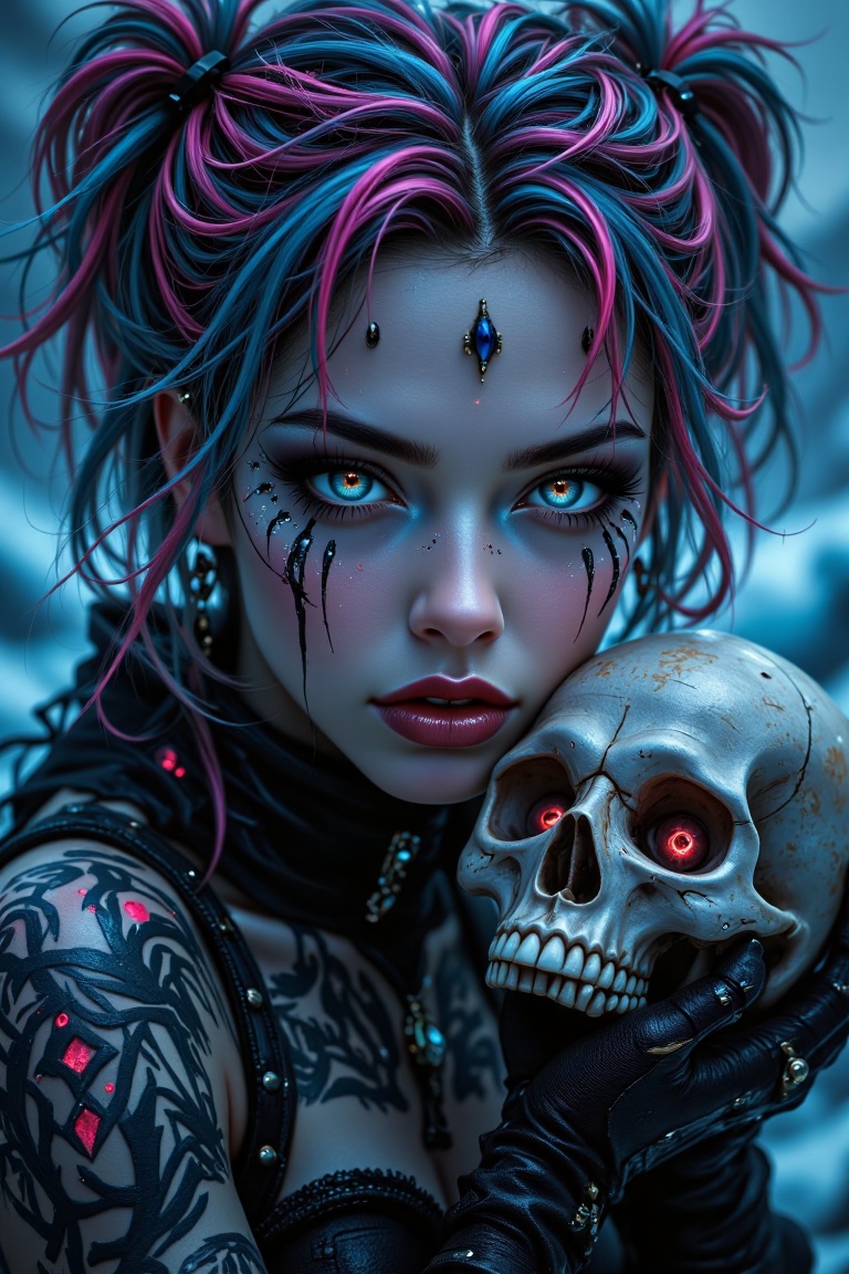 A gothic woman with multicolored cyberpunk hair holds a skull close to her face. Detailed body art decorates her skin. Clo...