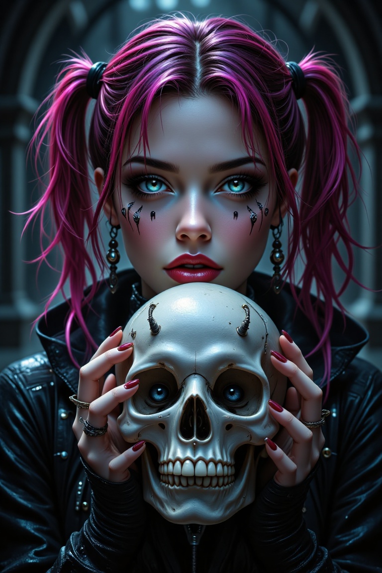 A gothic woman with cyberpunk colorful hair holds a skull in her hands. Detailed implants protrude from her skin in realis...