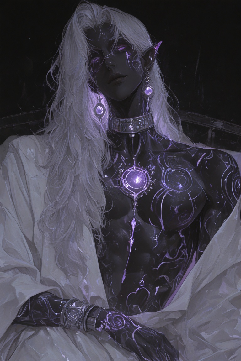 1boy 1male male-focused magician mage sorcerer laying on bed gracefully solo solo man glowing purple eyes detailed face fl...