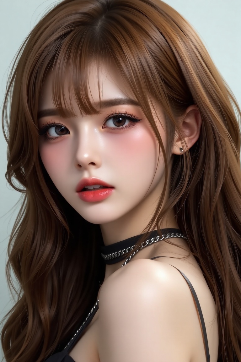 16K,  UHD:1.2,  1girl solo long hair looking at viewer open mouth bangs brown hair hair between eyes upper body teeth from...