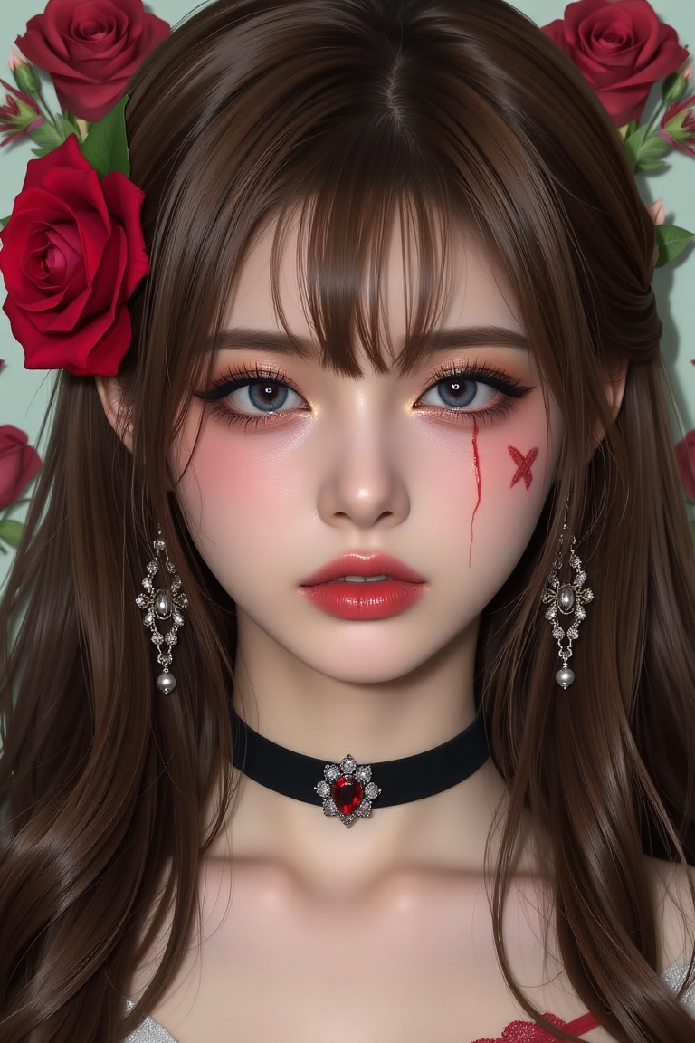 16K,  UHD:1.2,  1girl solo long hair looking at viewer bangs blue eyes brown hair black hair hair between eyes jewelry flo...