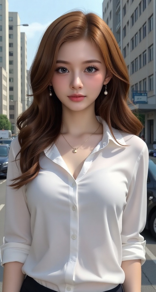 1girl solo long hair breasts looking at viewer blue eyes brown hair shirt jewelry medium breasts white shirt upper body he...