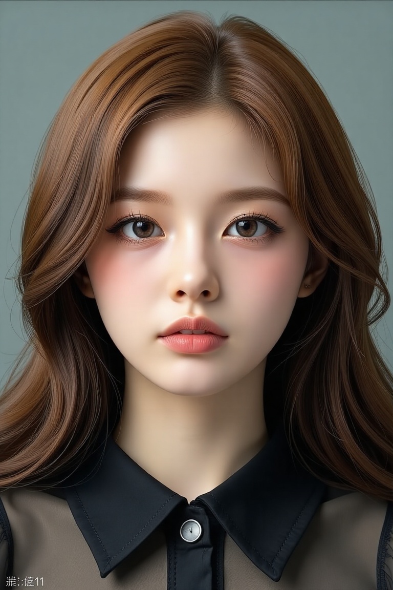 1girl solo brown hair closed mouth grey background collar lips realistic ,  beauty,  masterpiece on Tensor.Art