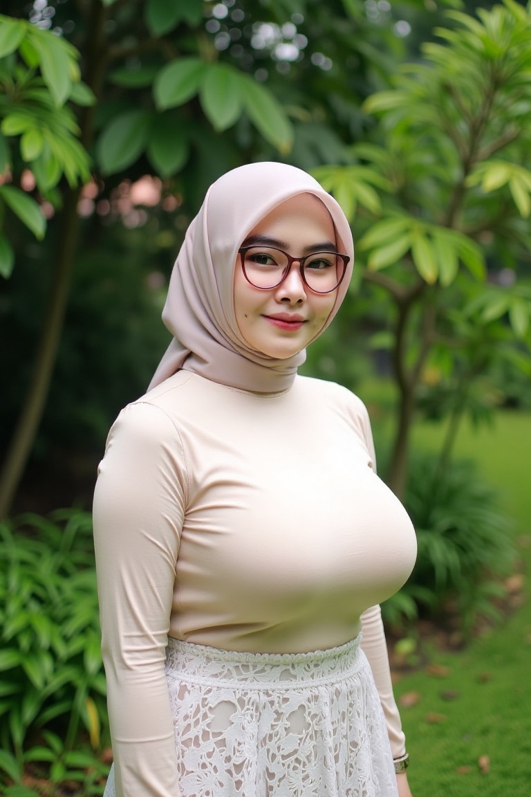 Photograph of a young Asian woman with light brown skin,  wearing a beige hijab and glasses,  standing in a lush on Tensor...