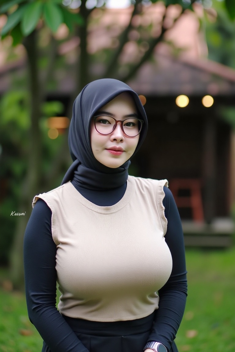 A young woman with light skin,  wearing a black hijab and glasses,  stands outdoors in a garden. She has a slender build a...