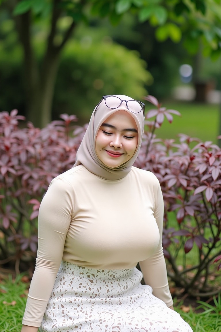 Photograph of a young woman sitting outdoors in a park. She is wearing a beige hijab,  a beige turtleneck top,  and a whit...
