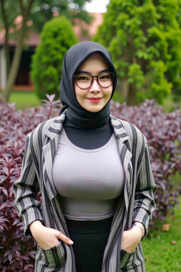 Photograph of a young,  attractive woman with light brown skin and dark hair covered by a black hijab. She wears black-fra...
