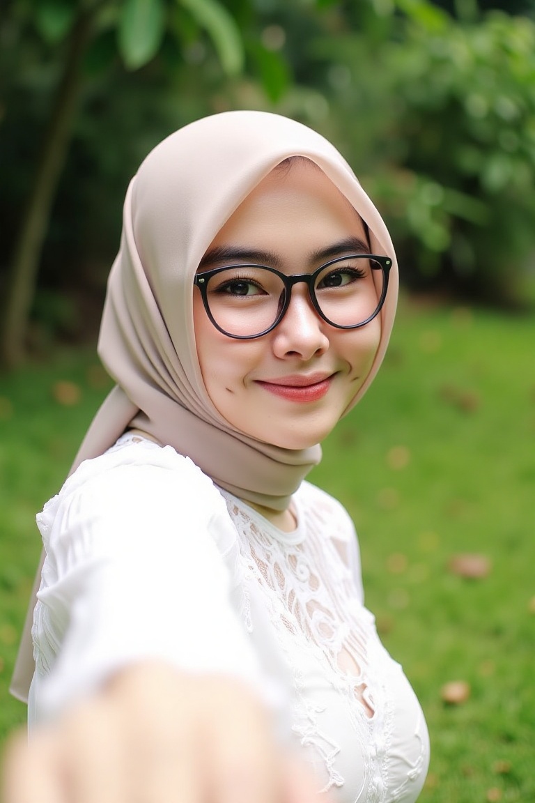 Photograph of a young woman in a park,  wearing a beige hijab and black-rimmed glasses. She has a light brown complexion a...