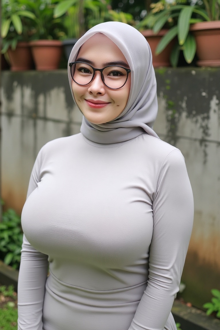 Photograph of a young woman wearing glasses with light skin,  wearing a silver hijab and matching silver long-sleeve top....