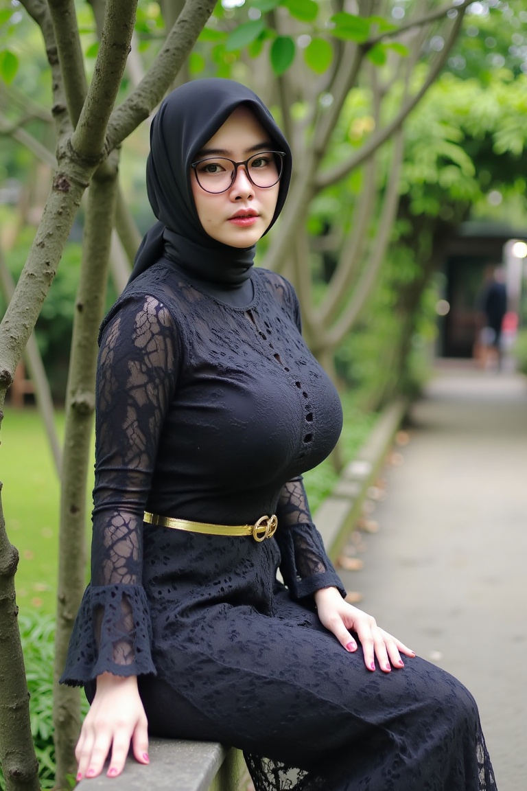 Photograph of a young Asian woman with light brown skin and long black hair,  wearing a black hijab and a form-fitting bla...