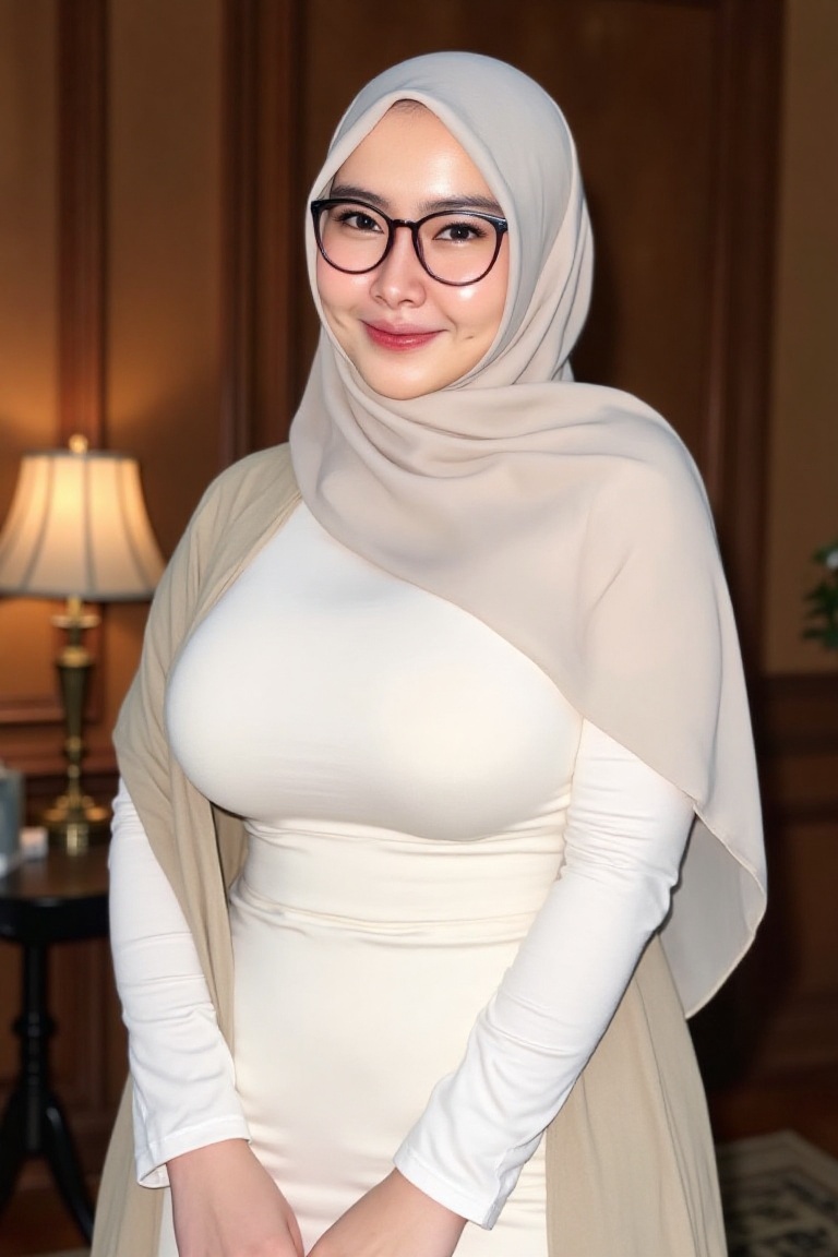 The image shows a person wearing a white hijab and a fitted white dress. They are standing in a room with wooden paneling...