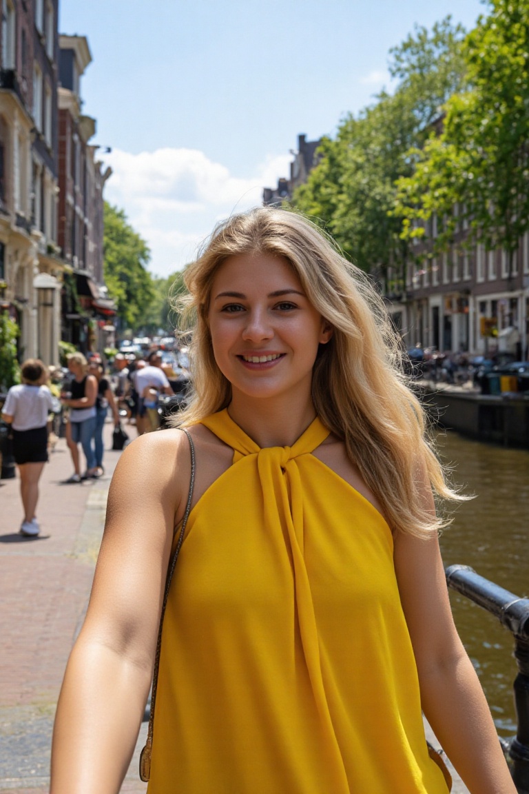 A sunny afternoon in Amsterdam's charming streets,  a vibrant blond woman with a contagious smile and sparkling eyes,  lau...