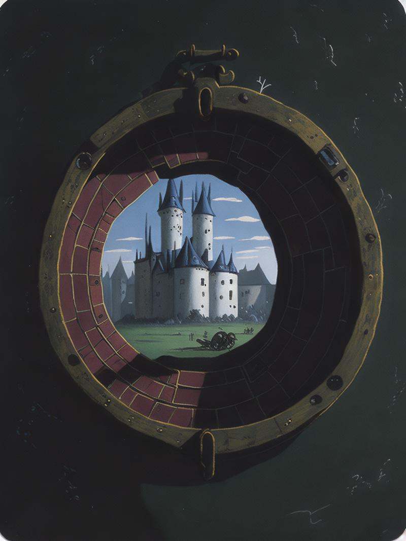a painting of a keyhole with a castle in the background on Tensor.Art