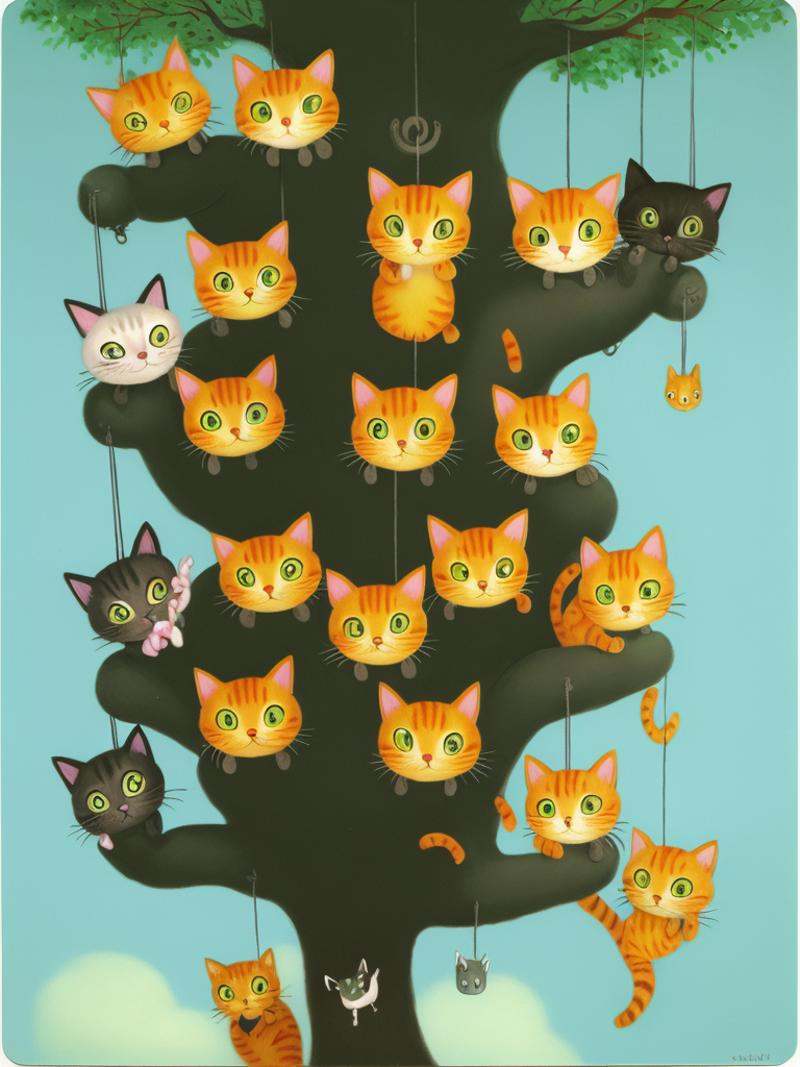 a painting of a bunch of cats hanging from a tree on Tensor.Art