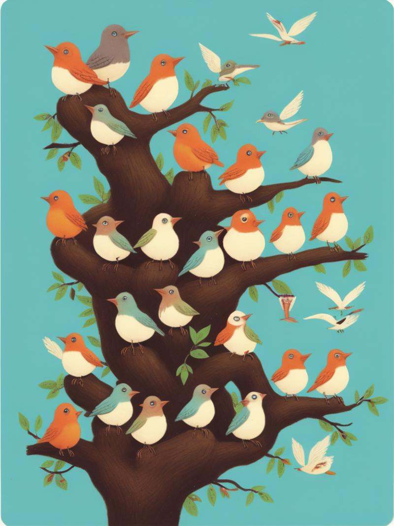 a group of birds sitting on top of a tree on Tensor.Art