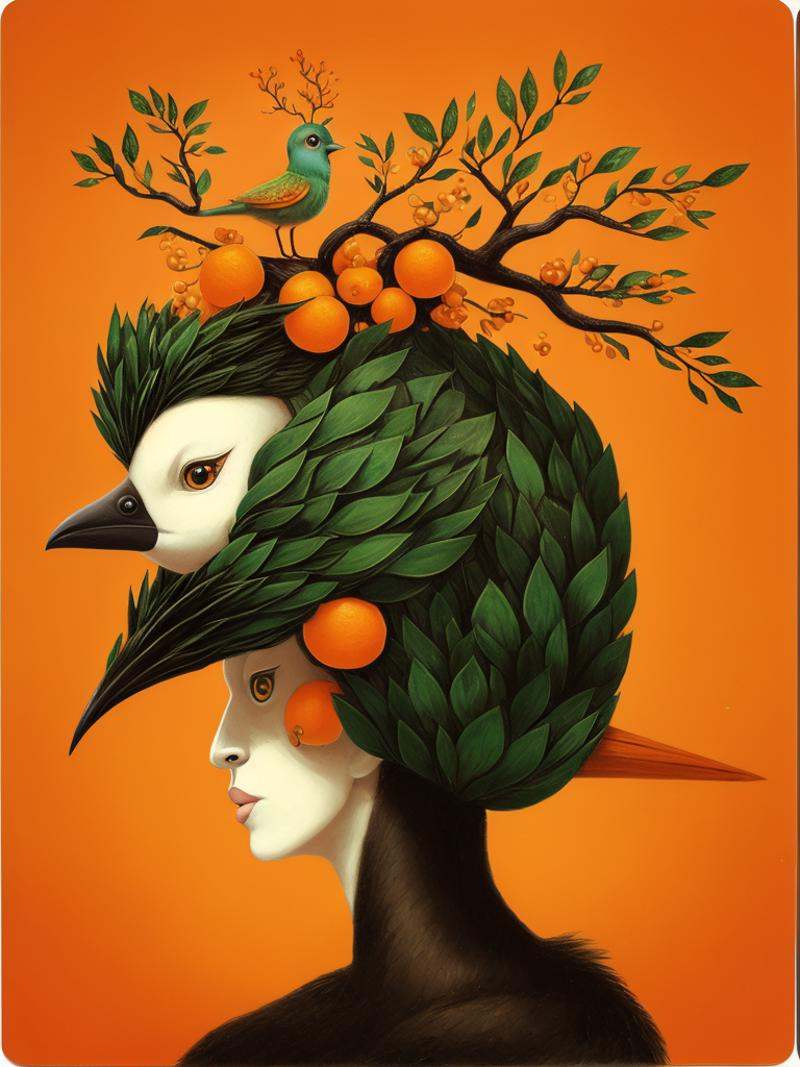 a painting of a bird with an orange tree on its head on Tensor.Art