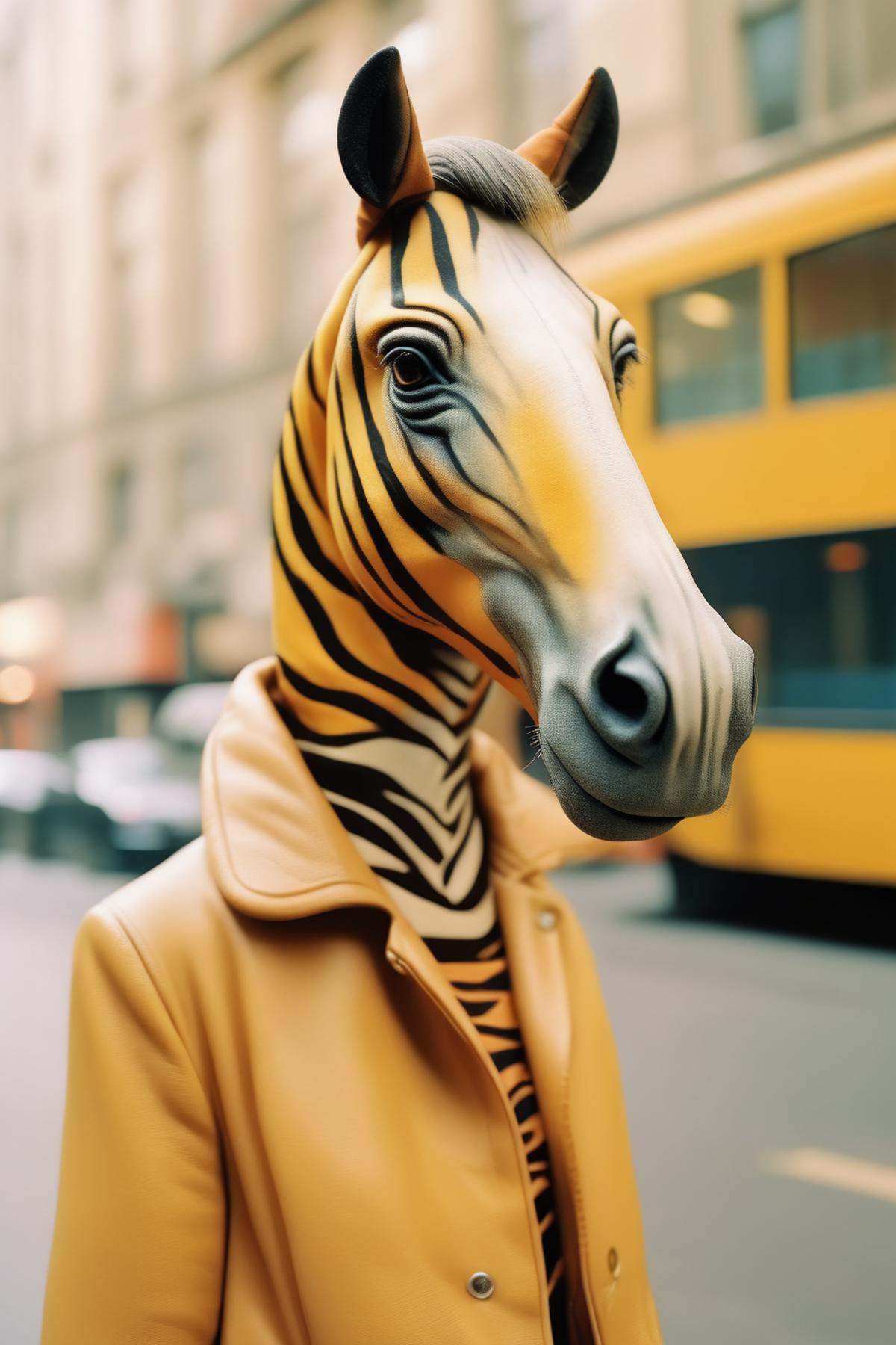Dressed animals - Street style photo of animal like half horse half tiger on Kodak Gold 200 on Tensor.Art