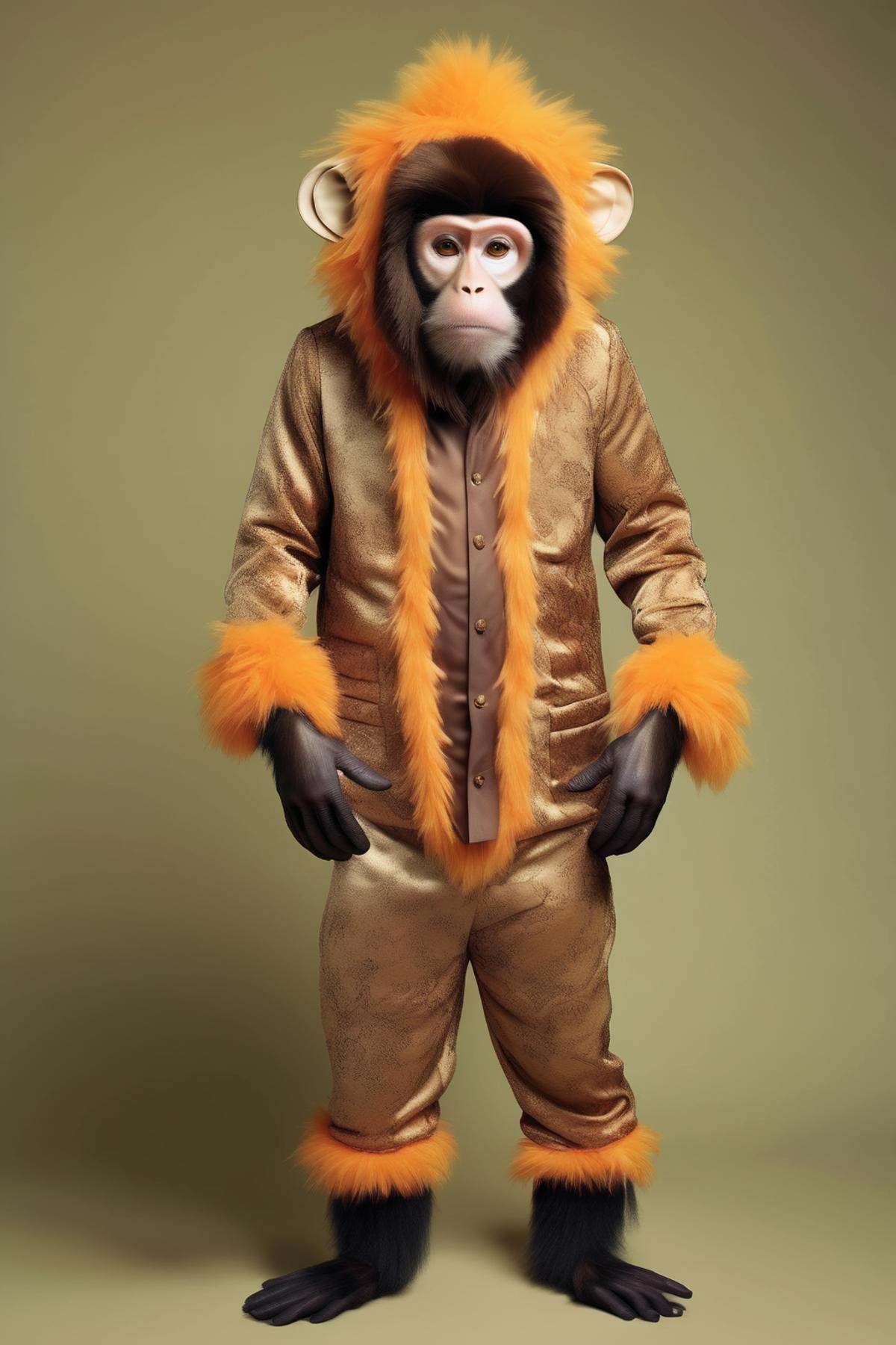 Dressed animals - A man wearing an elaborate stylish monkey costume,  human face monkey costume on Tensor.Art