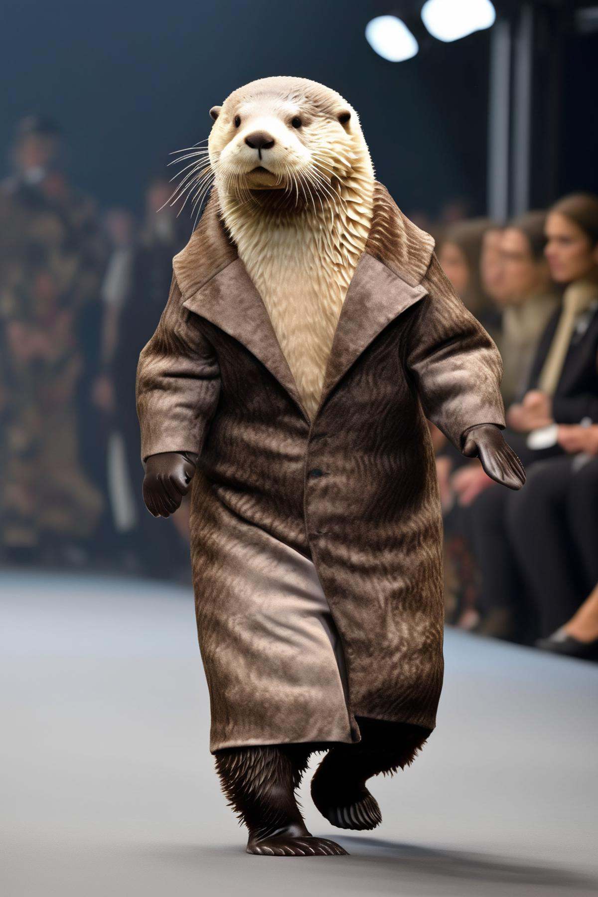 Dressed animals - sea otter fashion model walking the runway at the Milan fashion show on Tensor.Art