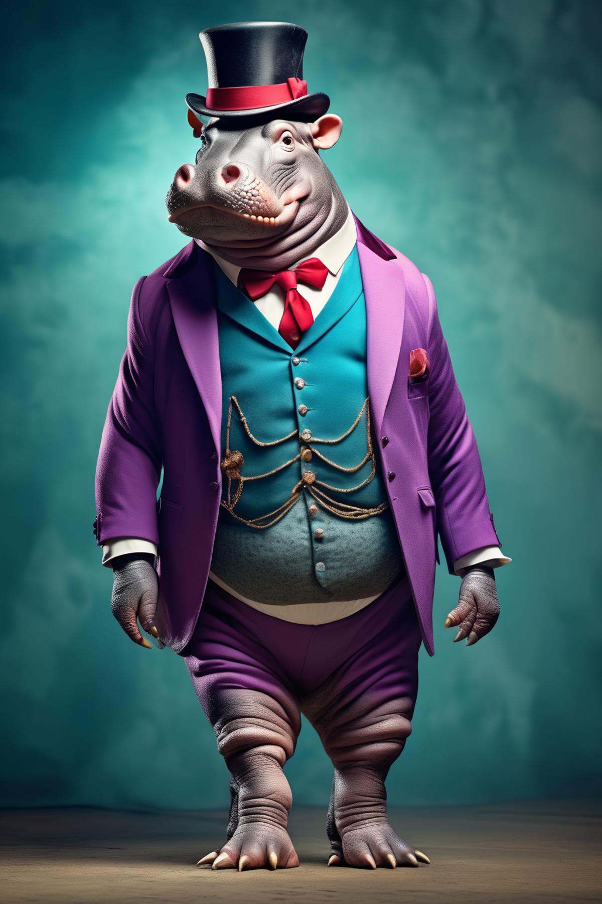 Dressed animals - full body portrait of A Hippo animal Mafia in a mafia circus color suit with a top hat in the style of a...