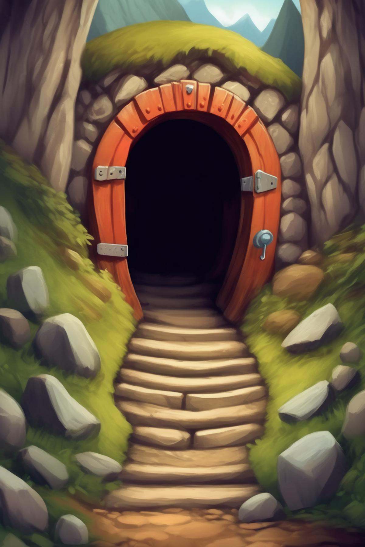 Dixit Card Generator - a cute and adoreable role playing game card showing the entrance to a mountain tunnel on Tensor.Art