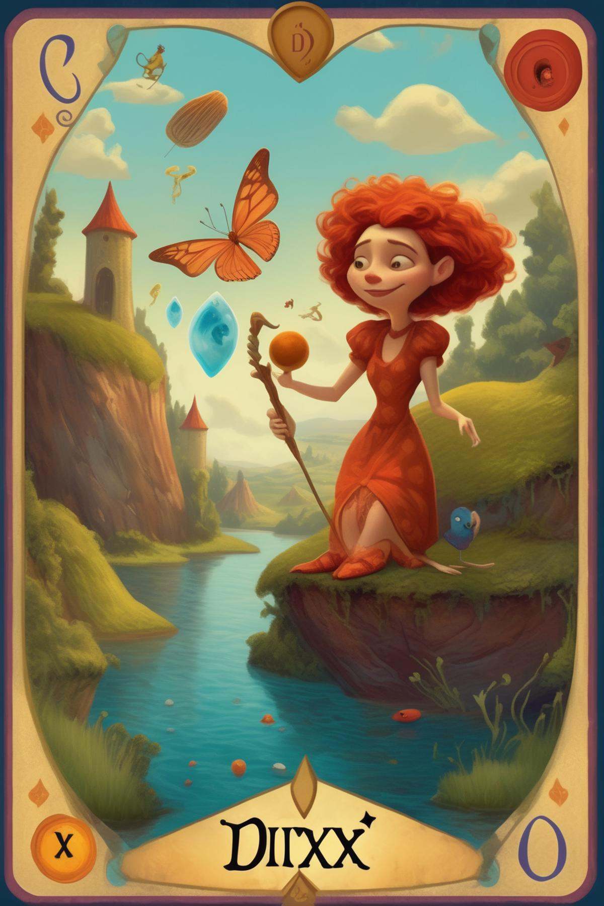 Dixit Card Generator - A tarot card inspired by the magical world of Pixar art unveils a scene set in a whimsical,  vibran...