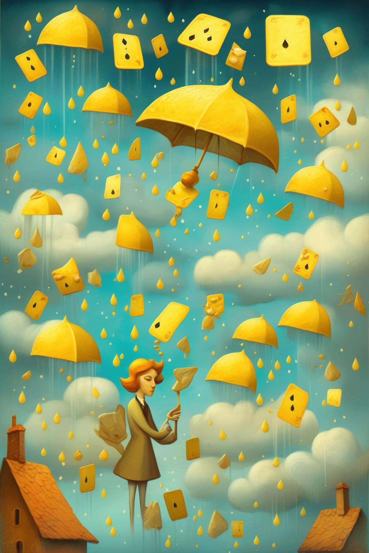 Dixit Card Generator - A cloud raining showers of lemondrops and toffee bits A surreal,  dreamlike illustration in the sty...