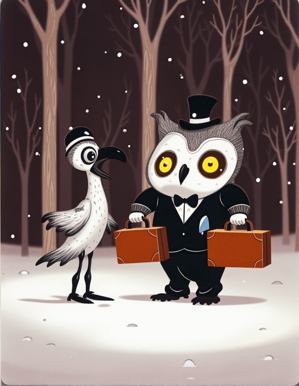 Dixit Card Style,  A quirky bird-like creature with a long neck and a small hat stands gracefully next to a rotund owl-lik...
