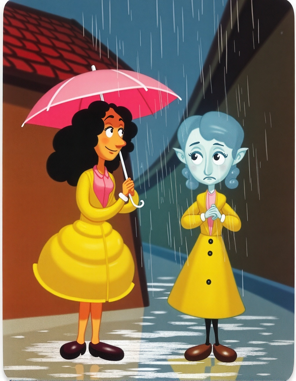 Dixit Card Style,  A woman with voluminous curly hair stands on the left,  smiling gently while holding a pink umbrella on...