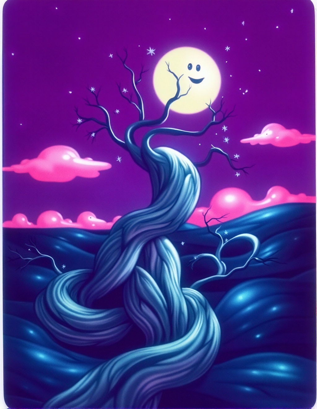 Dixit Card Style,  A whimsical scene unfolds under a starry purple sky with a full moon adorned with a playful expression...