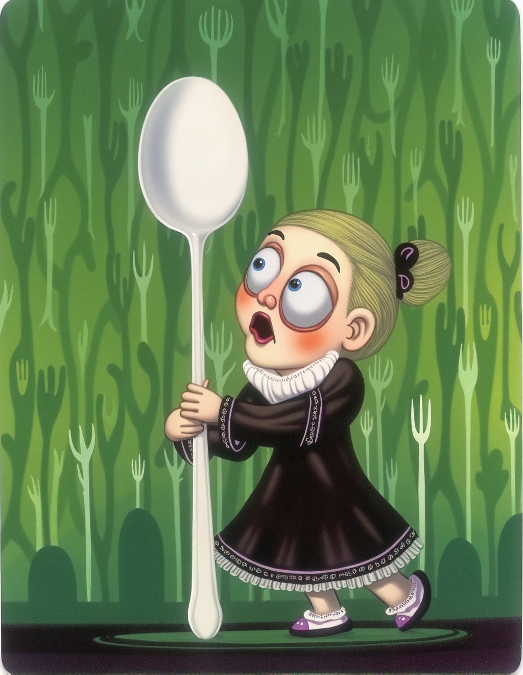 Dixit Card Style,  A small child with wide eyes and an expression of surprise clutches onto an oversized spoon that stands...