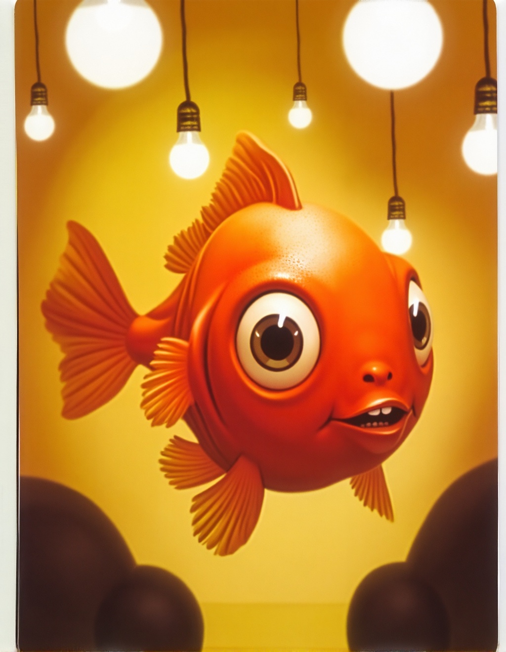 Dixit Card Style,  A vibrant orange fish with large expressive eyes gracefully swims through a surreal scene surrounded by...